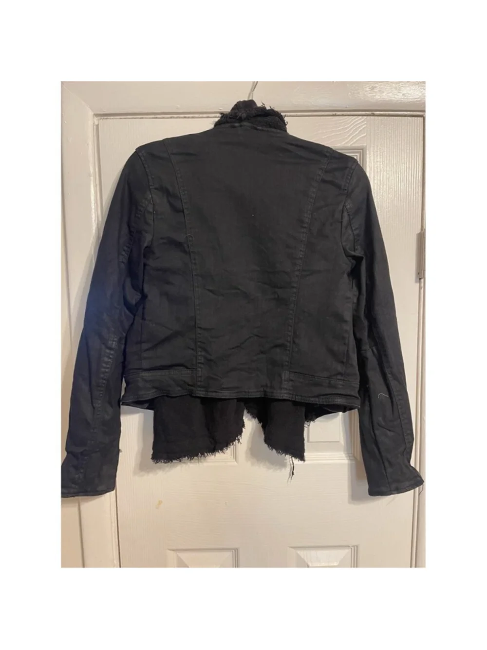Free People Coated Denim Drape Lagen Look Moto Jacket Black Waterfall Collar 2